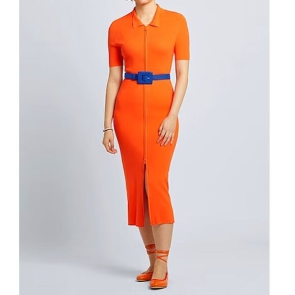 SUMMER ORANGE KNIT VISCOSE ZIP-UP POLO NECK DRESS Midi New with tag SIZE US XXL​ - Picture 1 of 5